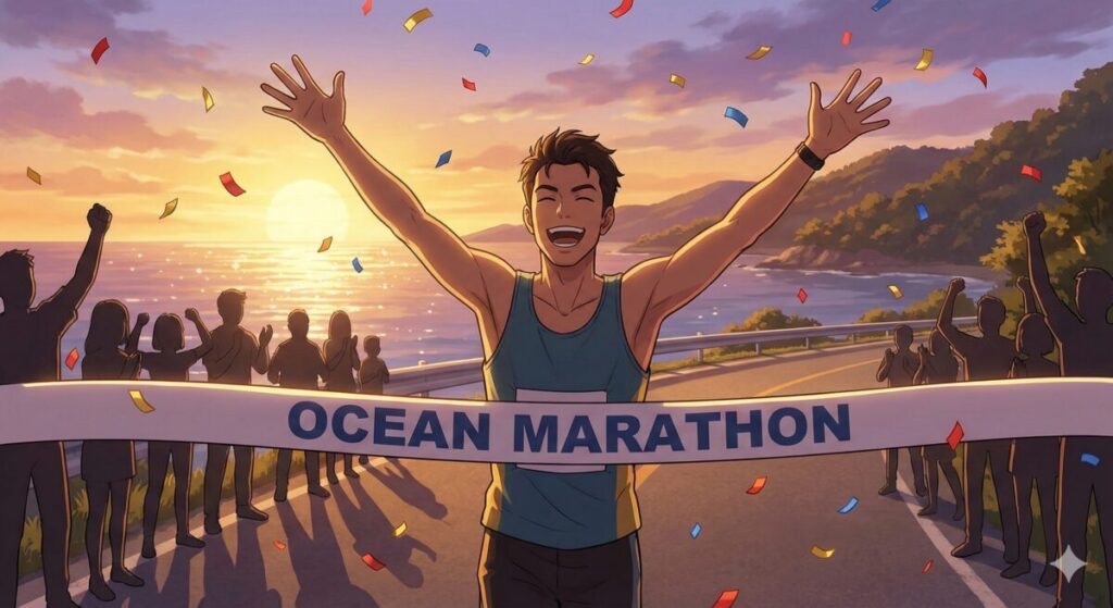 いわきの海沿いコースでゴールするランナーのイメージ