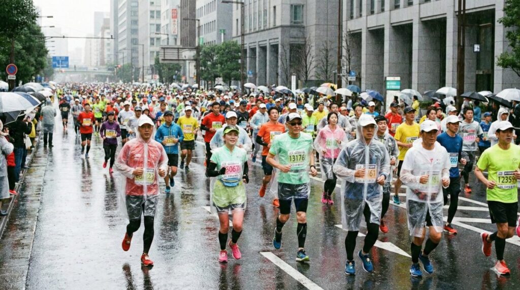 透明なゴミ袋ポンチョを着たランナー。ゼッケンがゴミ袋越しにはっきり見える