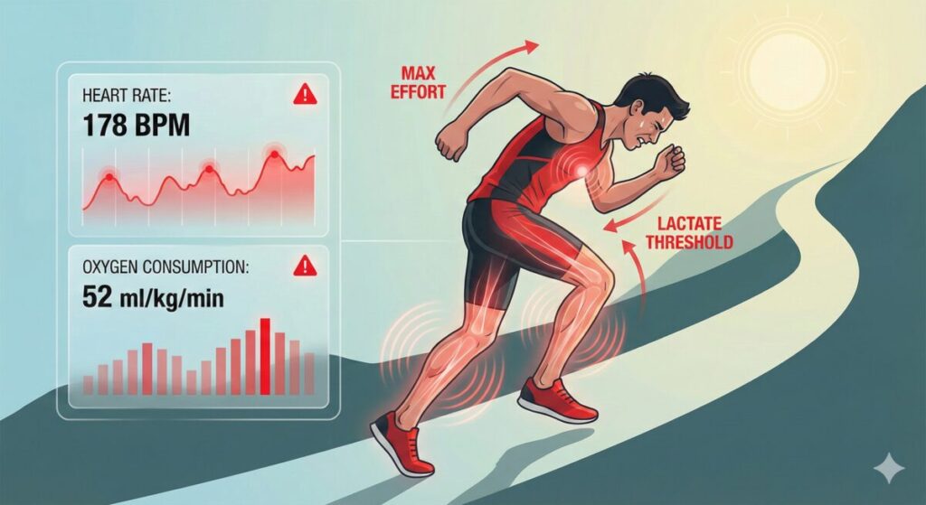 坂道を上るランナーとエネルギーコスト増大のイメージ