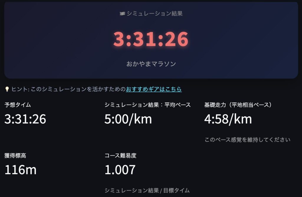 マラソン攻略シミュレーターの出力、クイックサマリー