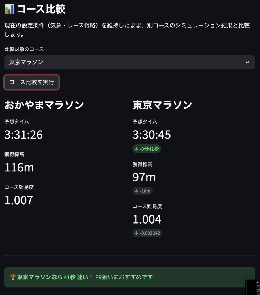 マラソン攻略シミュレーターのコース比較画面