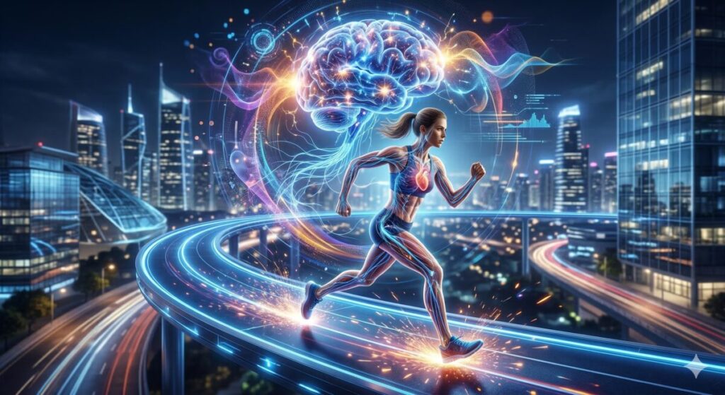 ジョグ中にBDNFが増加して脳が活性化するイメージ