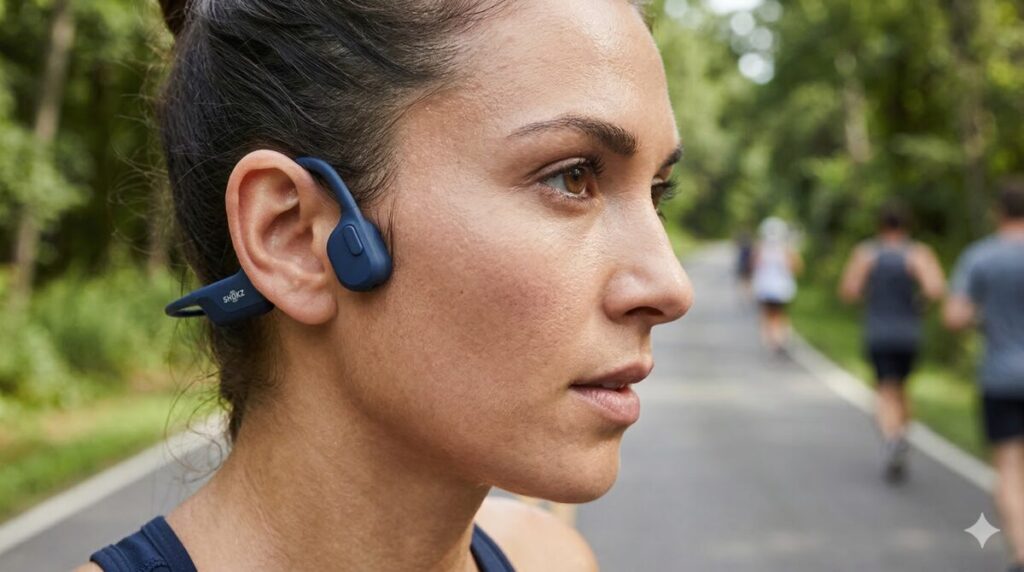 Shokz OpenRunを装着してランニングする様子。耳が開放されているのがわかる