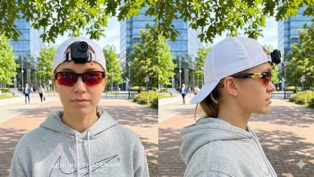 ランニングキャップの調整ベルトにInsta360 Go Ultraを取り付けた様子