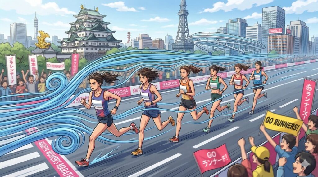 ドラフティング（集団走）で風の抵抗を軽減する女性ランナーたち