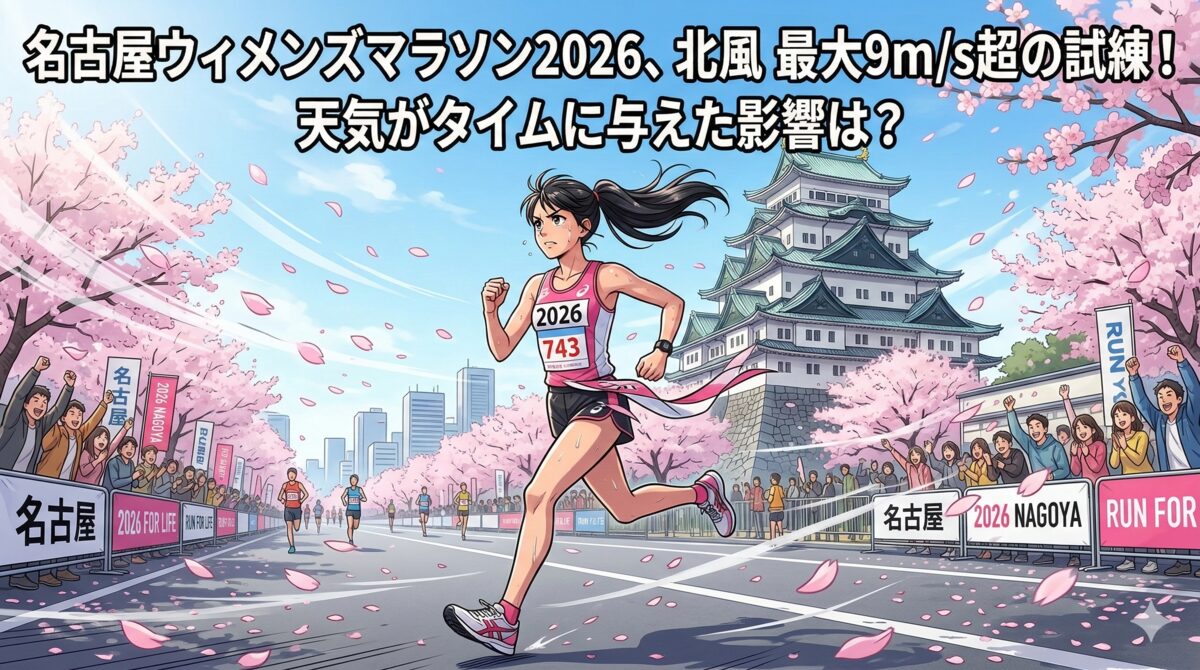 名古屋ウィメンズマラソン2026で北風の中を走る女性ランナー キャプション