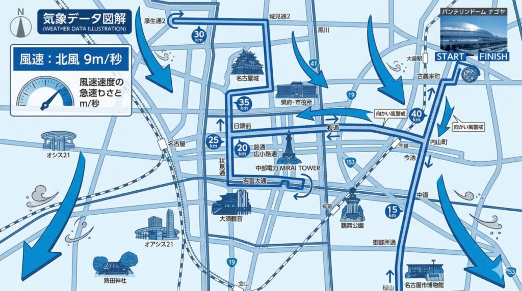 名古屋ウィメンズマラソン2026のコースマップと風向きの図解
