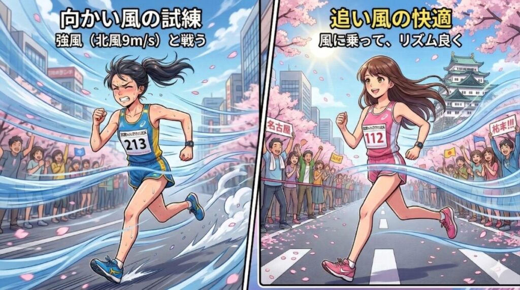 向かい風と追い風を受けるランナーの比較イラスト