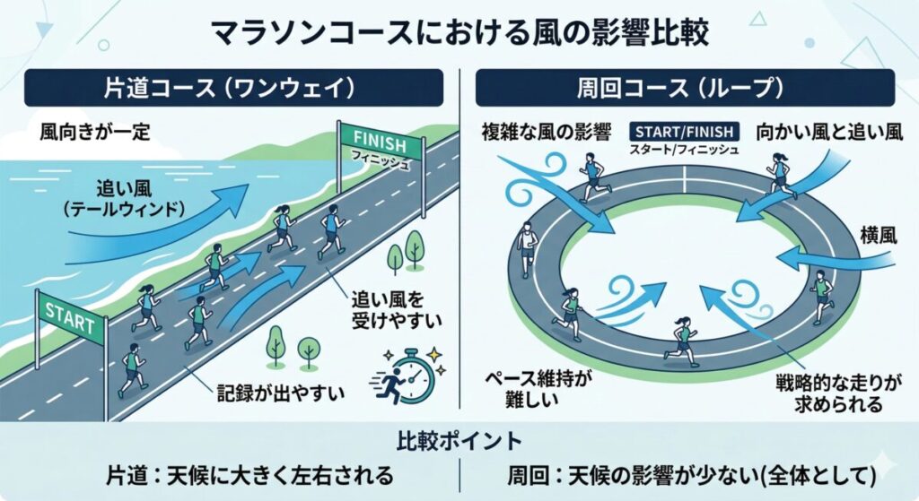 ワンウェイコースと折り返しコースの追い風・向かい風の違いを示す図解