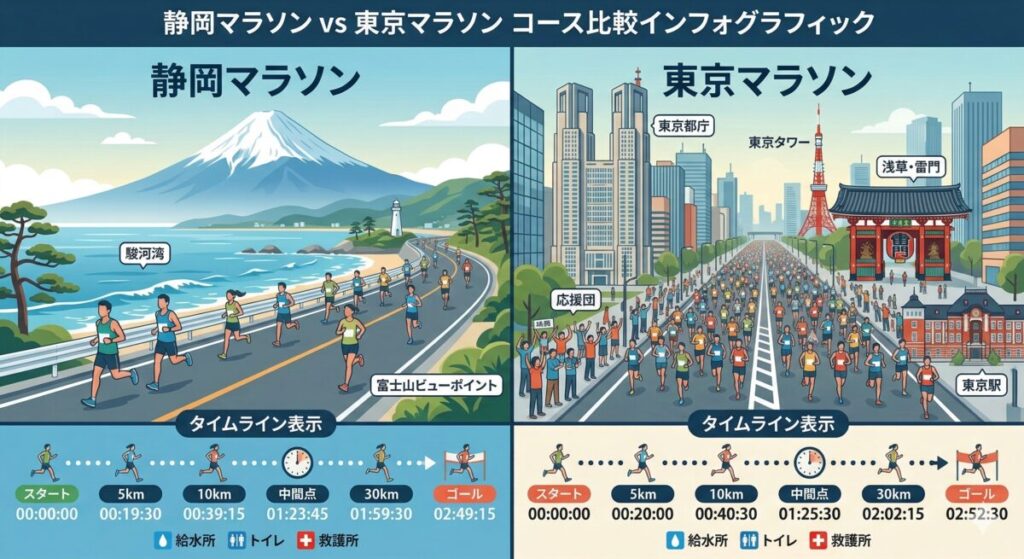 静岡マラソンの海沿いコースと東京マラソンの都市部コースの比較イラスト