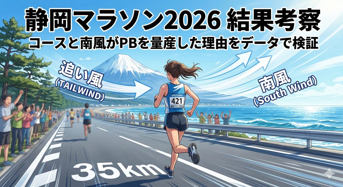 静岡マラソン2026 追い風を受けながら海沿いのコースを走るランナーと富士山