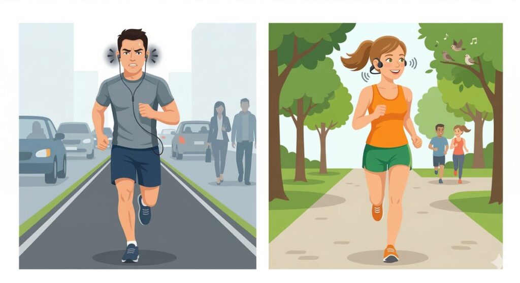 骨伝導イヤホンとカナル型イヤホンを比較するランナーのイラスト