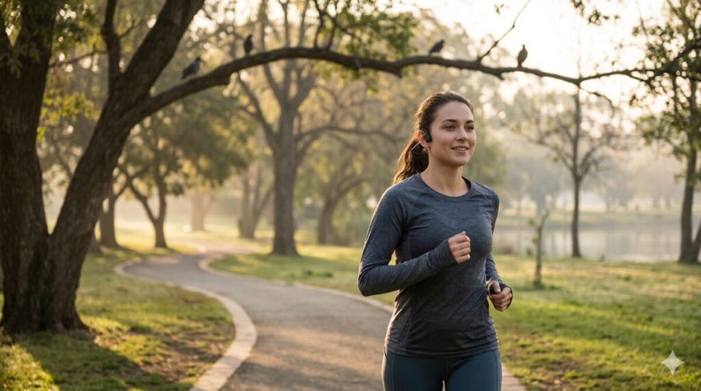 朝のジョグ中に骨伝導イヤホンでAudibleを聴くランナー