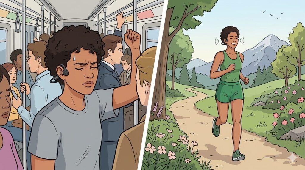 電車内と屋外ランニングでの骨伝導イヤホンの音漏れ比較イラスト