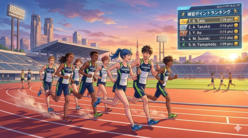 TEAM ONE TOKYOの提携大会でフィニッシュしてポイントを獲得するランナーのイラスト。年間ポイントランキングで出走権が決まる