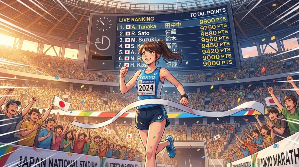 TEAM ONE TOKYOの提携大会でフィニッシュしてポイントを獲得するランナーのイラスト