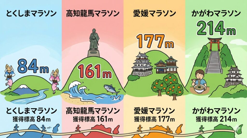 四国4大マラソンの獲得標高を比較するイメージ