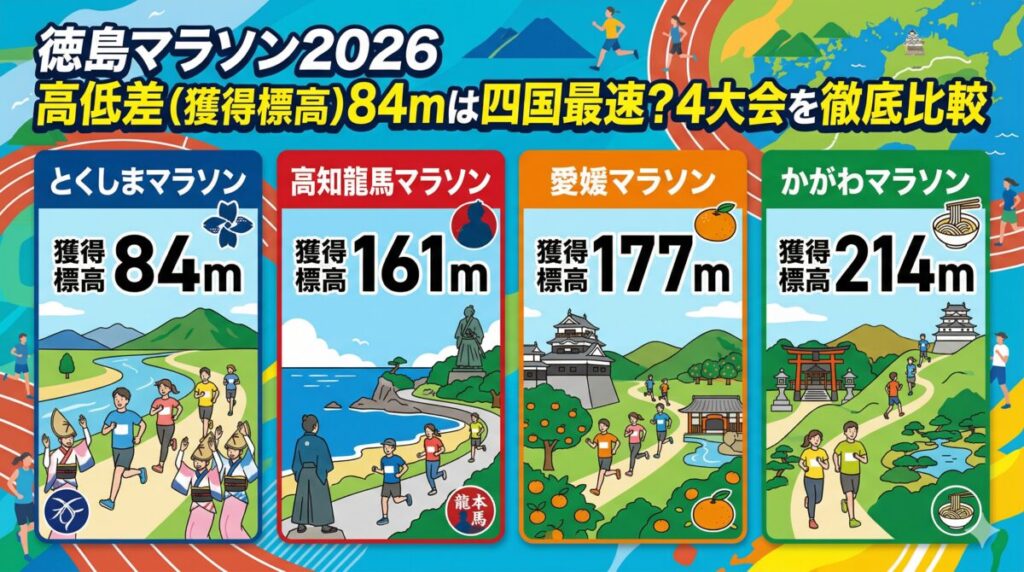 四国4大マラソンのコース高低差を比較するイメージイラスト