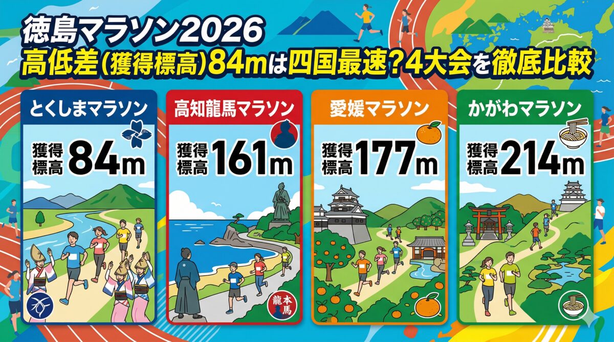 四国4大マラソンのコース高低差を比較するイメージイラスト