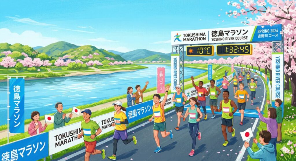 徳島マラソン2026当日の吉野川沿いコースと好天のイメージ