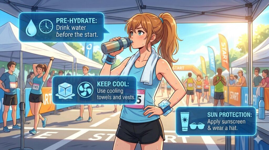 マラソンの暑さ対策グッズを準備するランナーのイラスト