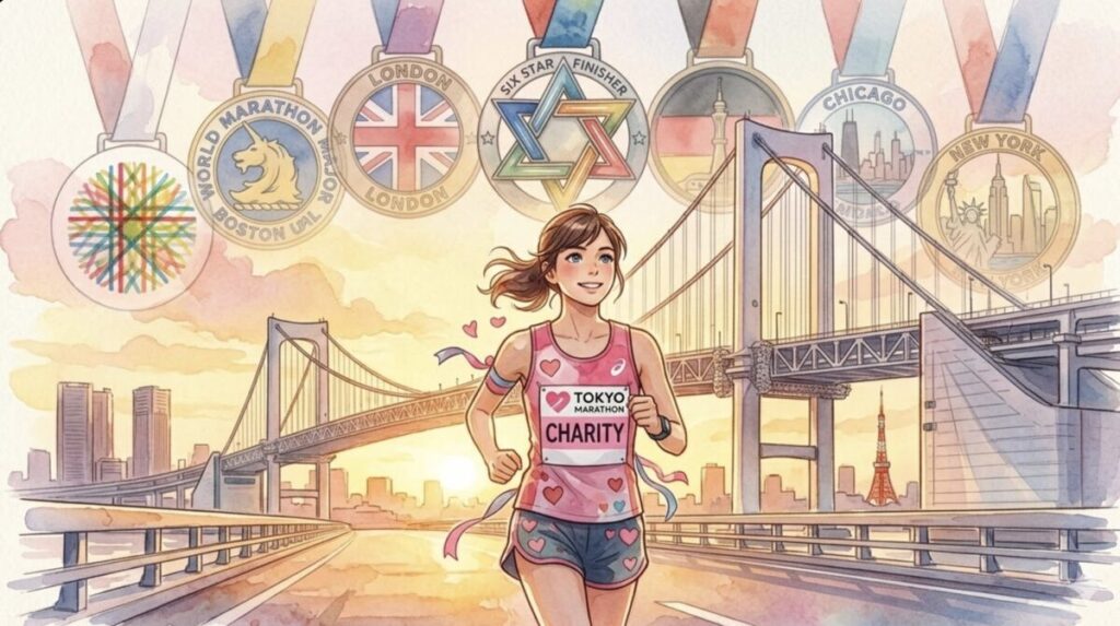 東京マラソンのチャリティーエントリーとワールドマラソンメジャーズ7大会のコスト比較イメージ。東京マラソンが最安であることを示す