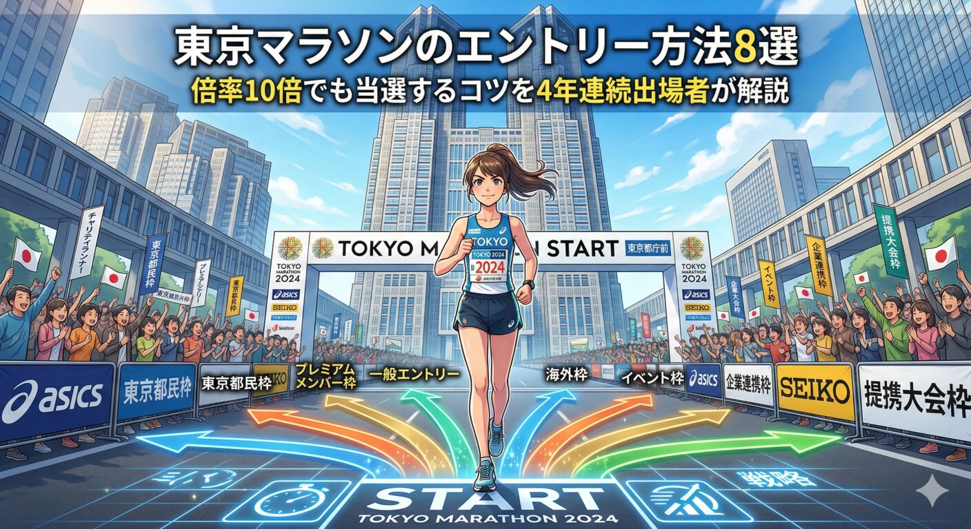 東京マラソンの8つのエントリー方法を示す複数の矢印と都庁前のスタートラインに立つランナーのイラスト