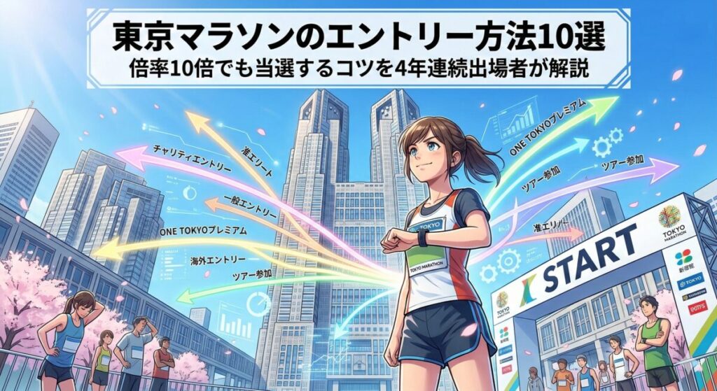 東京マラソンの10のエントリー方法を示すインフォグラフィック。都庁前のスタートラインに向かう複数のルートを視覚化