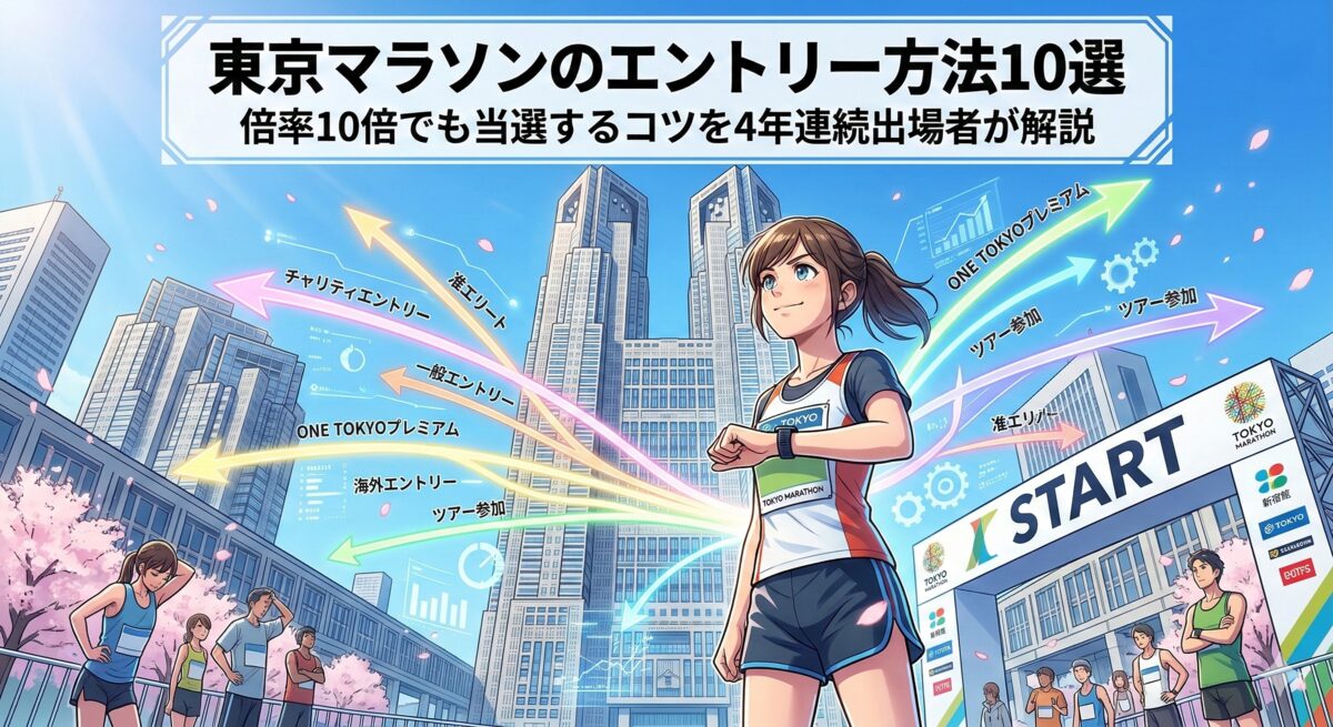 東京マラソンの10のエントリー方法を示すインフォグラフィック。都庁前のスタートラインに向かう複数のルートを視覚化