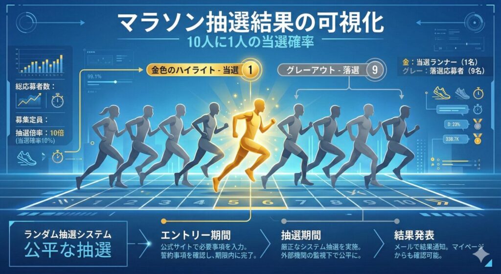 東京マラソンの抽選倍率を示すインフォグラフィック:10人中1人だけが当選する確率を金色と灰色のランナーシルエットで表現