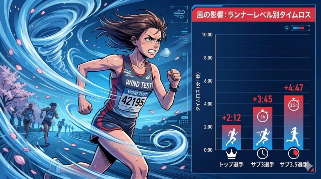 風によるタイムロスを走力別に示したデータビジュアル