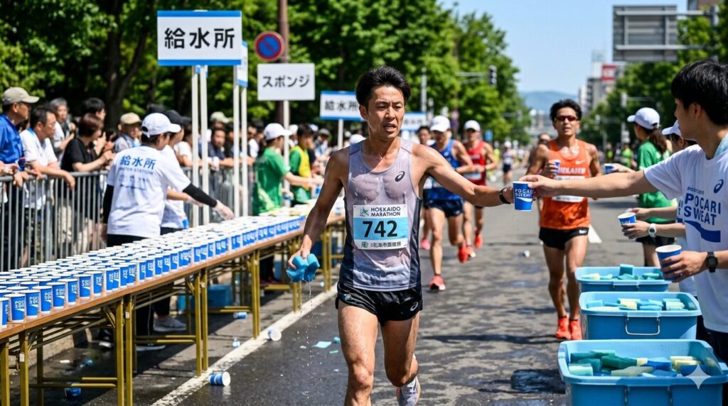 北海道マラソン本番の給水エイドで補給するランナー