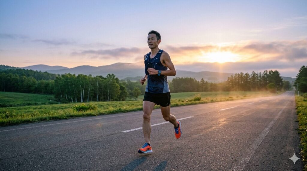 夏マラソンの早朝トレーニングで心拍数を管理するランナー