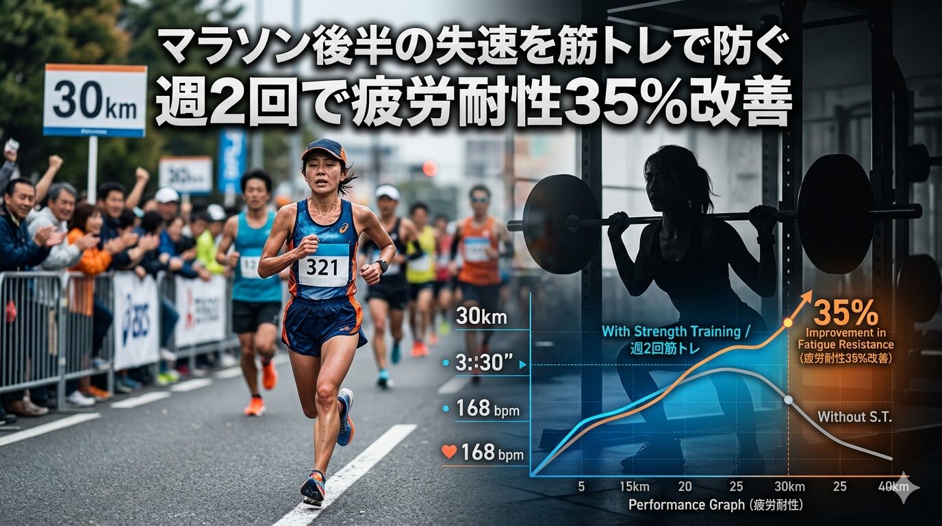 マラソン後半の失速を筋トレで防ぐ——週2回で疲労耐性35%改善 キャプション