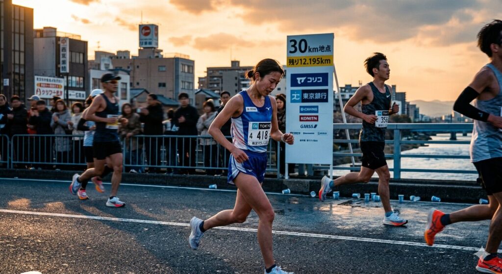 マラソン30km地点で失速するランナーの様子 キャプション