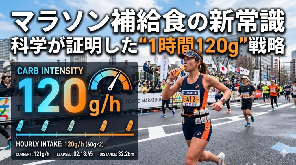 マラソン補給食の1時間120g戦略を科学的根拠で解説する記事のアイキャッチ