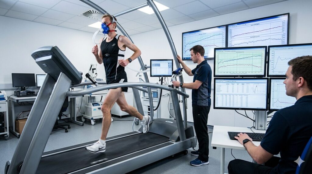 スポーツ科学実験室でランニング中に酸素摂取量を計測されるエリートランナー