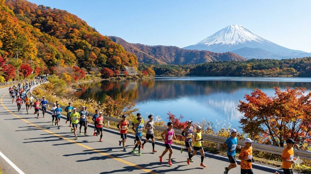 富士山を背景に湖畔のコースを走るランナー。高地マラソンのイメージ