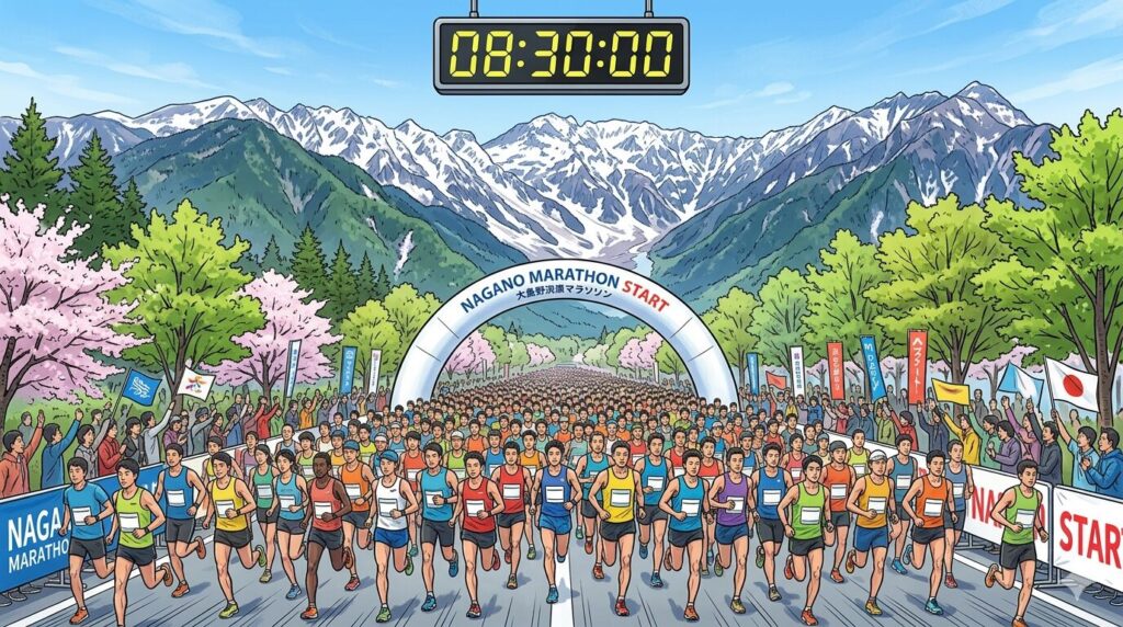 長野マラソン2026のスタートシーン・北アルプスを望む快晴の朝 