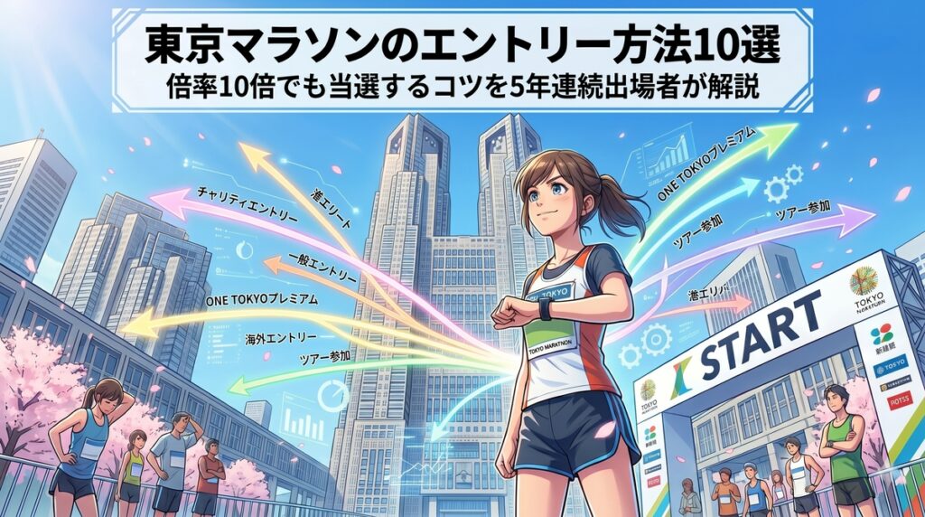 東京マラソンの10のエントリー方法を示すインフォグラフィック。都庁前のスタートラインに向かう複数のルートを視覚化