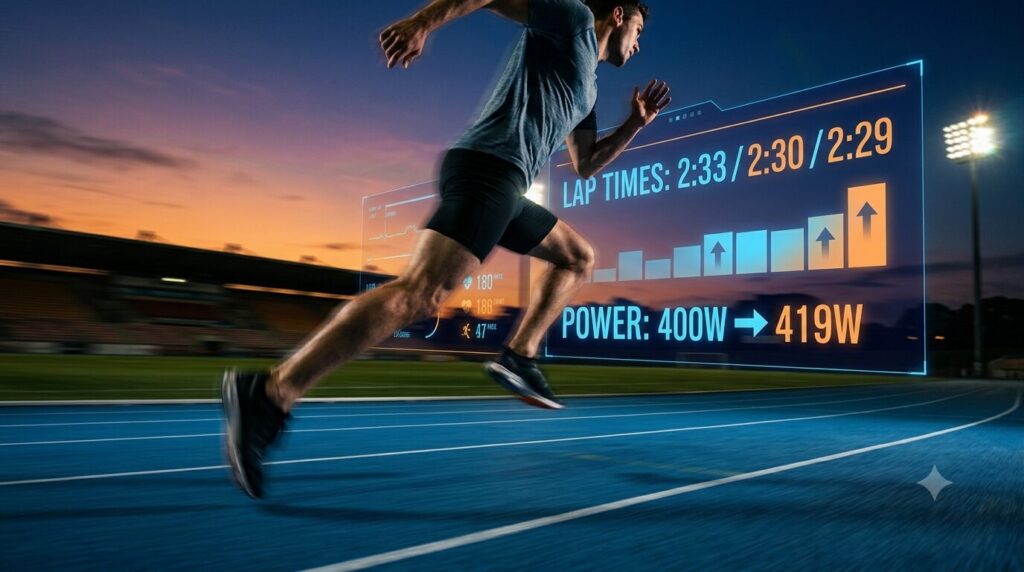 800mインターバル3本のタイムとパワーを示すデータオーバーレイ