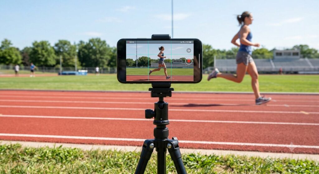 真横から全身が入るようにスマホでランニング動画を撮影する様子 