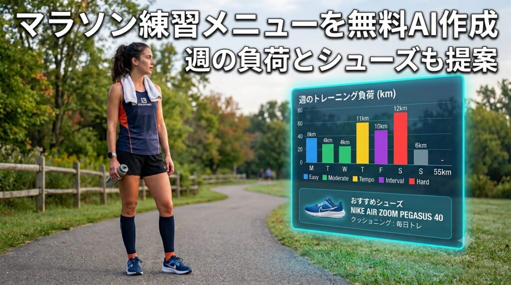 マラソン練習メニューを無料AI作成、週間負荷グラフとシューズ提案機能