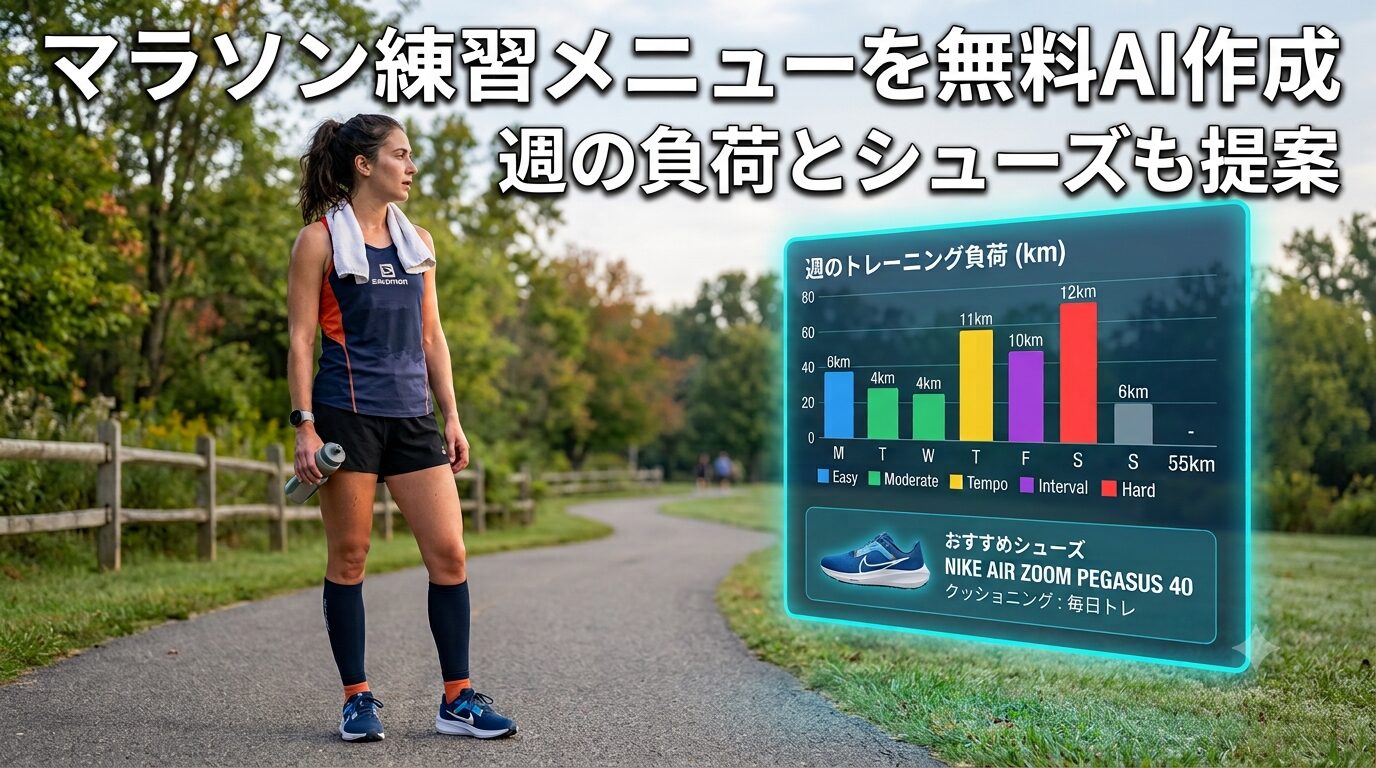 マラソン練習メニューを無料AI作成、週間負荷グラフとシューズ提案機能